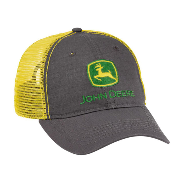 John Deere Gray Poly Ripstop Yellow Mesh Cap Hat LP69042, 